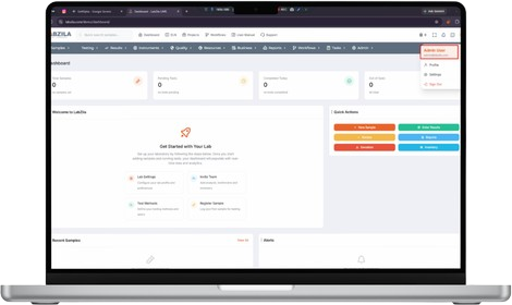 LabZila LIMS dashboard on a laptop